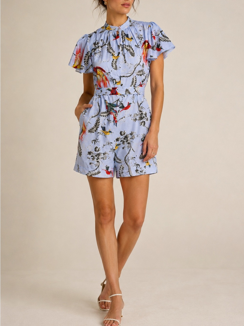 ERDEM Algarve Paisley Parrot Print Botanical Cotton Romper Light Blue Size S